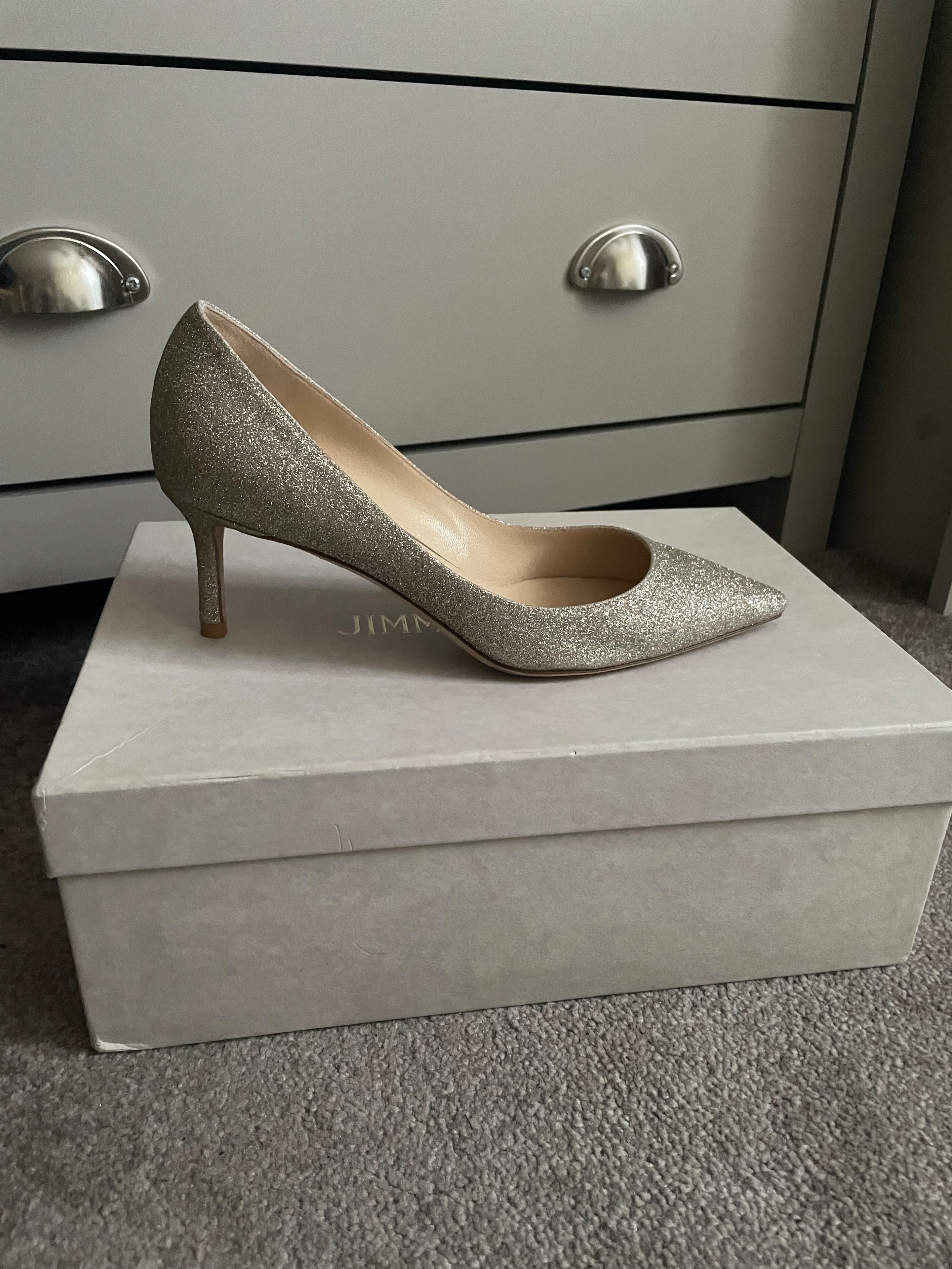 Preowned Jimmy Choo Platinum Ice Romy 60 Size 37 Silver / gold / metallic glitter