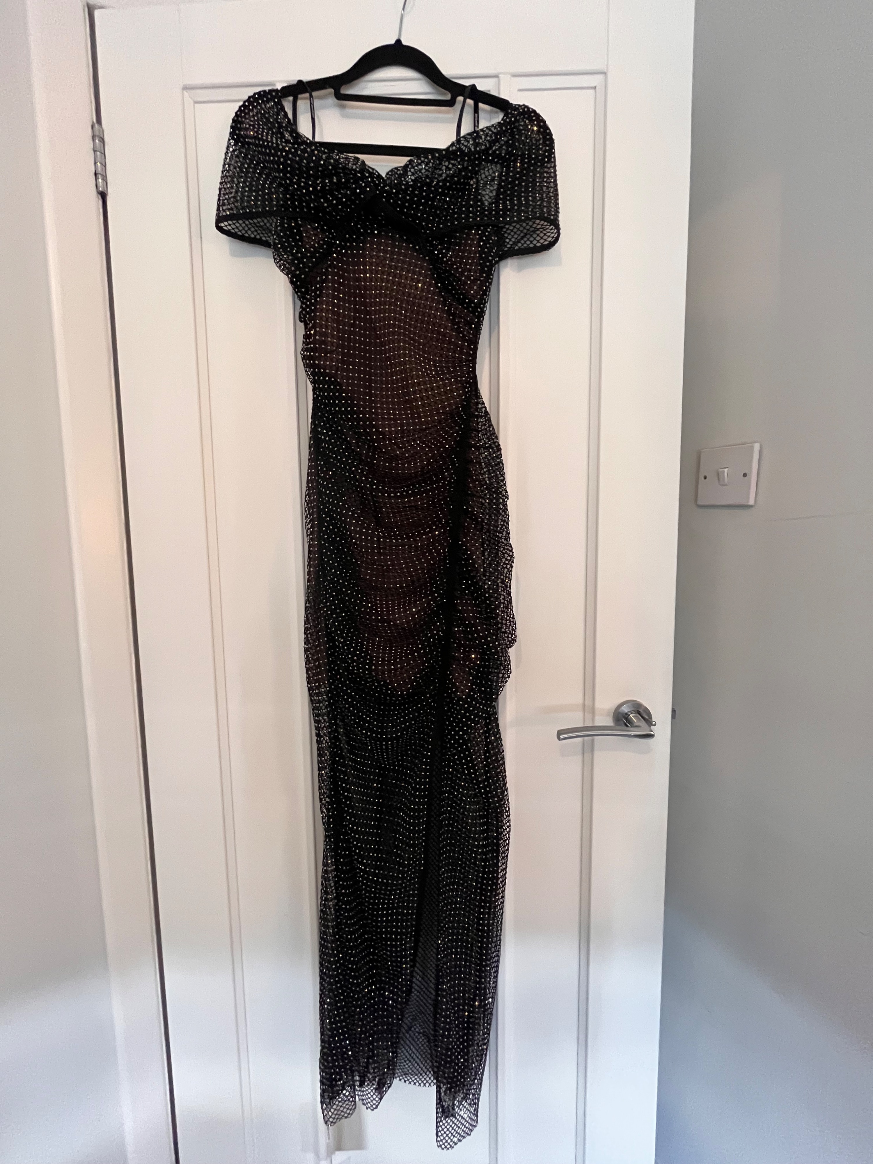 Self Portrait Diamante Fishnet Off Shoulder Midi Dress Size XS Black polyester/elastane lining/polyamide linnig