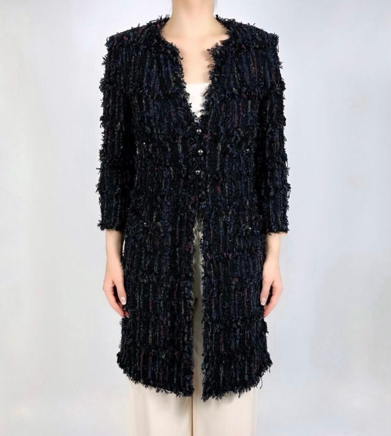 Preowned Chanel Black Lesage Tweed Longline Coat Size M