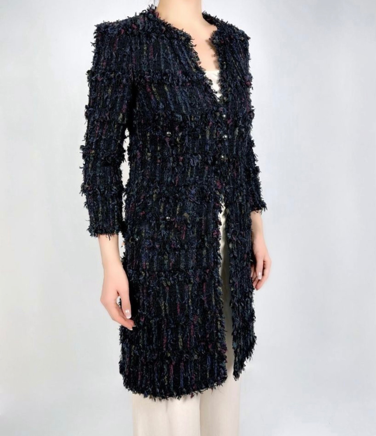 Preowned Chanel Black Lesage Tweed Longline Coat Size M