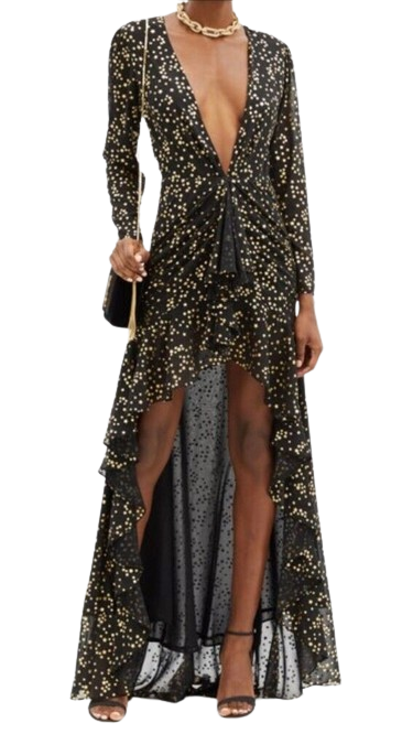 The Attico Star-Print Plunge-Neck Dress Size M Black gold tissu/poly see pic