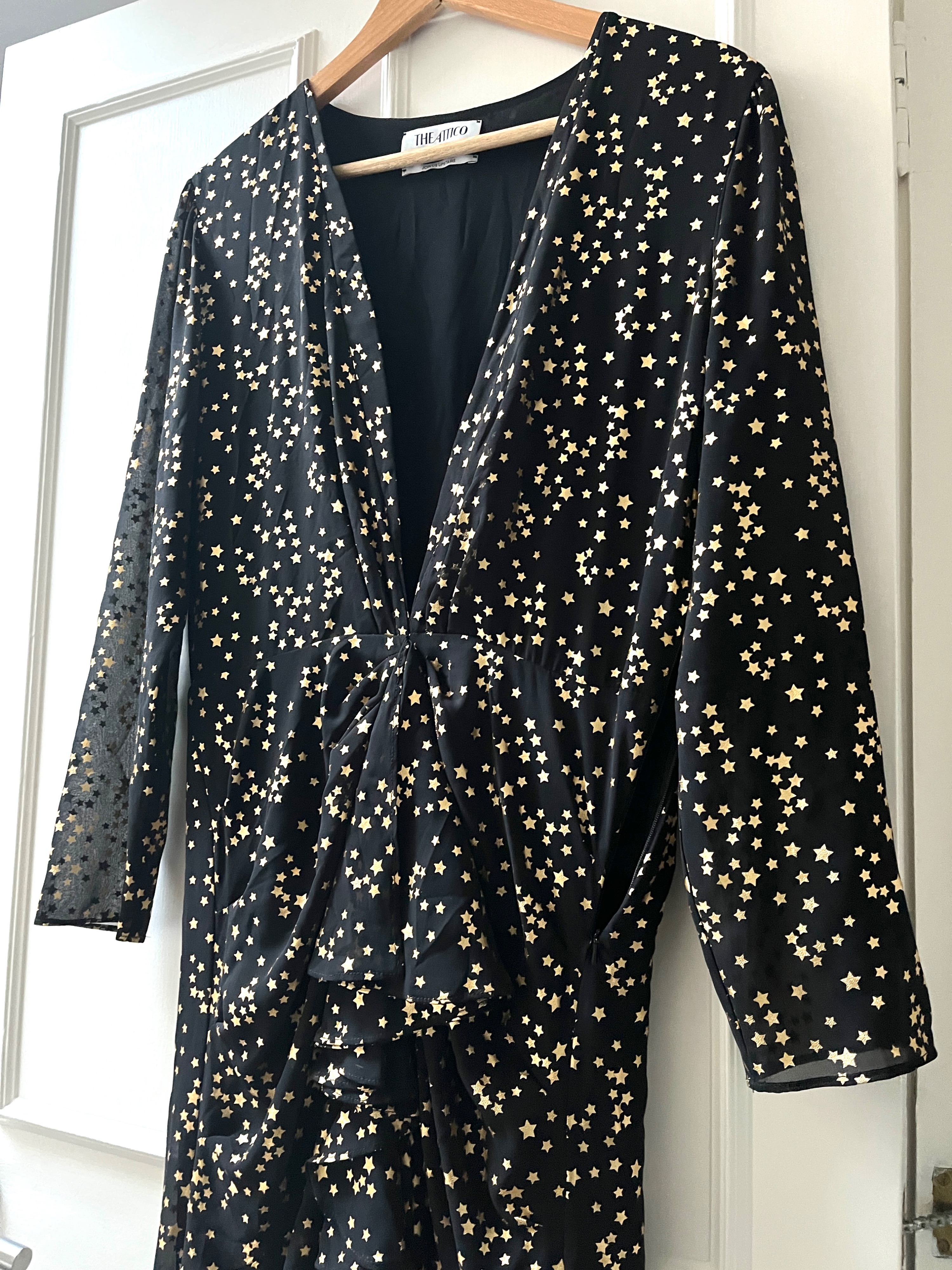 The Attico Star-Print Plunge-Neck Dress Size M Black gold tissu/poly see pic