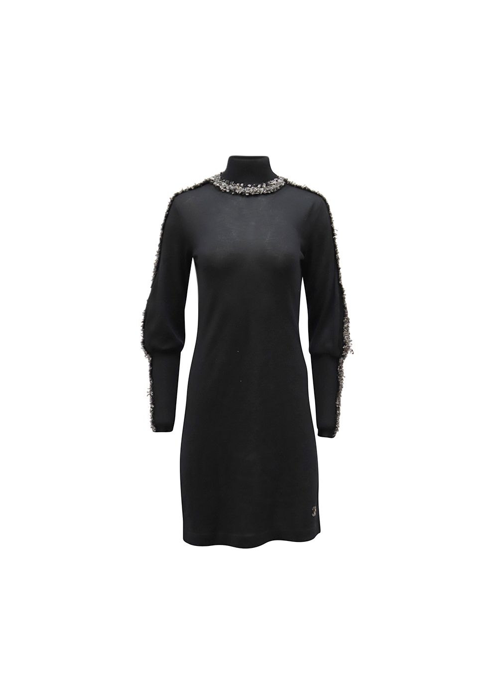 Preowned Chanel Tweed Trimmed Turtleneck Dress Size S black cashmere