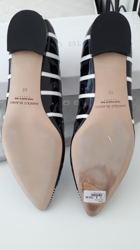 Preowned Manolo Blahnik Black  White Stripes Sinisa Flats Size 40 Tan/Brown leather