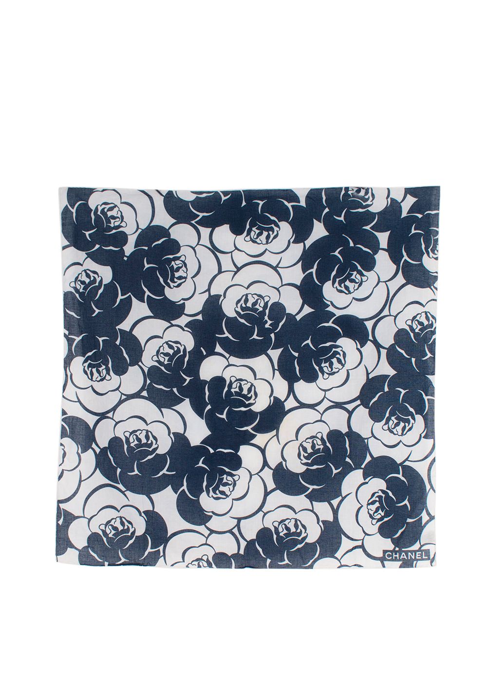 Chanel Navy and White Camelia Print Scarf 55x55 navy white cotton