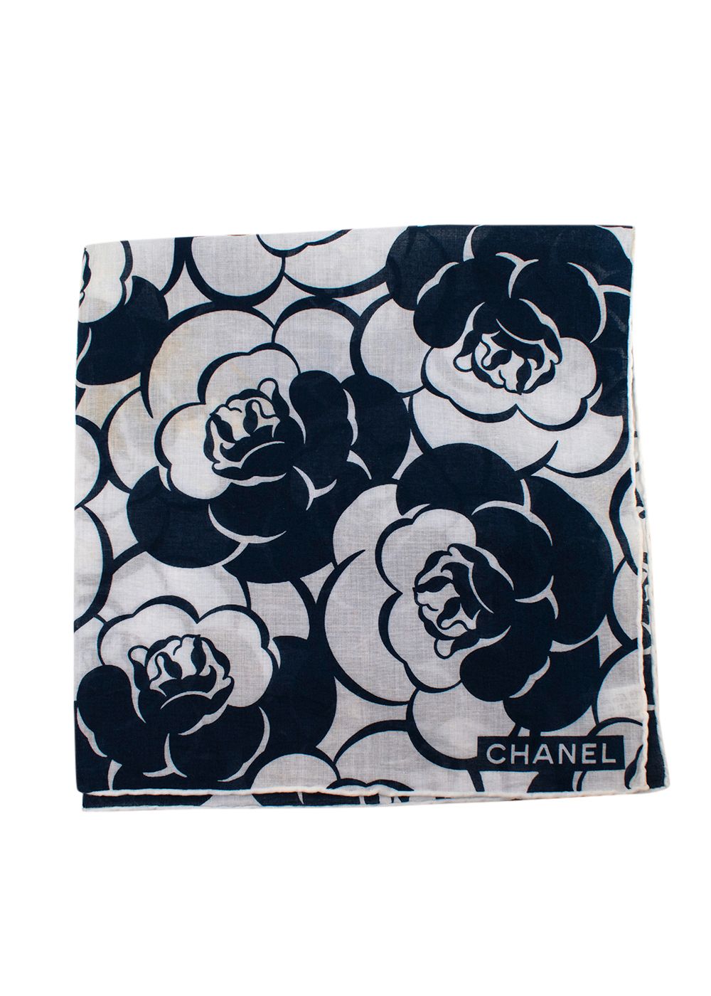 Chanel Navy and White Camelia Print Scarf 55x55 navy white cotton