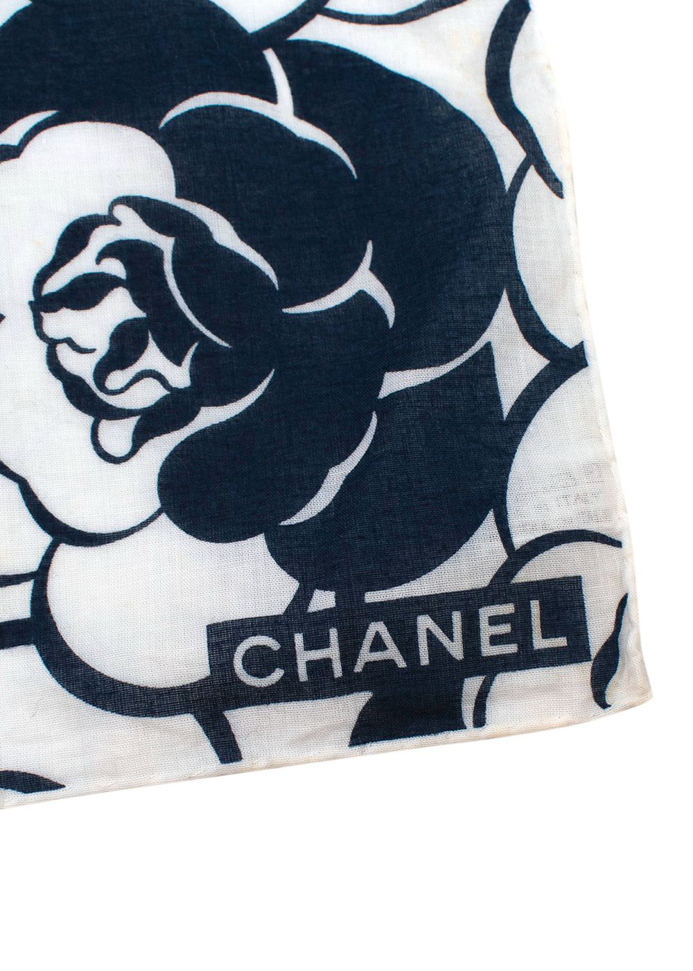 Chanel Navy and White Camelia Print Scarf 55x55 navy white cotton