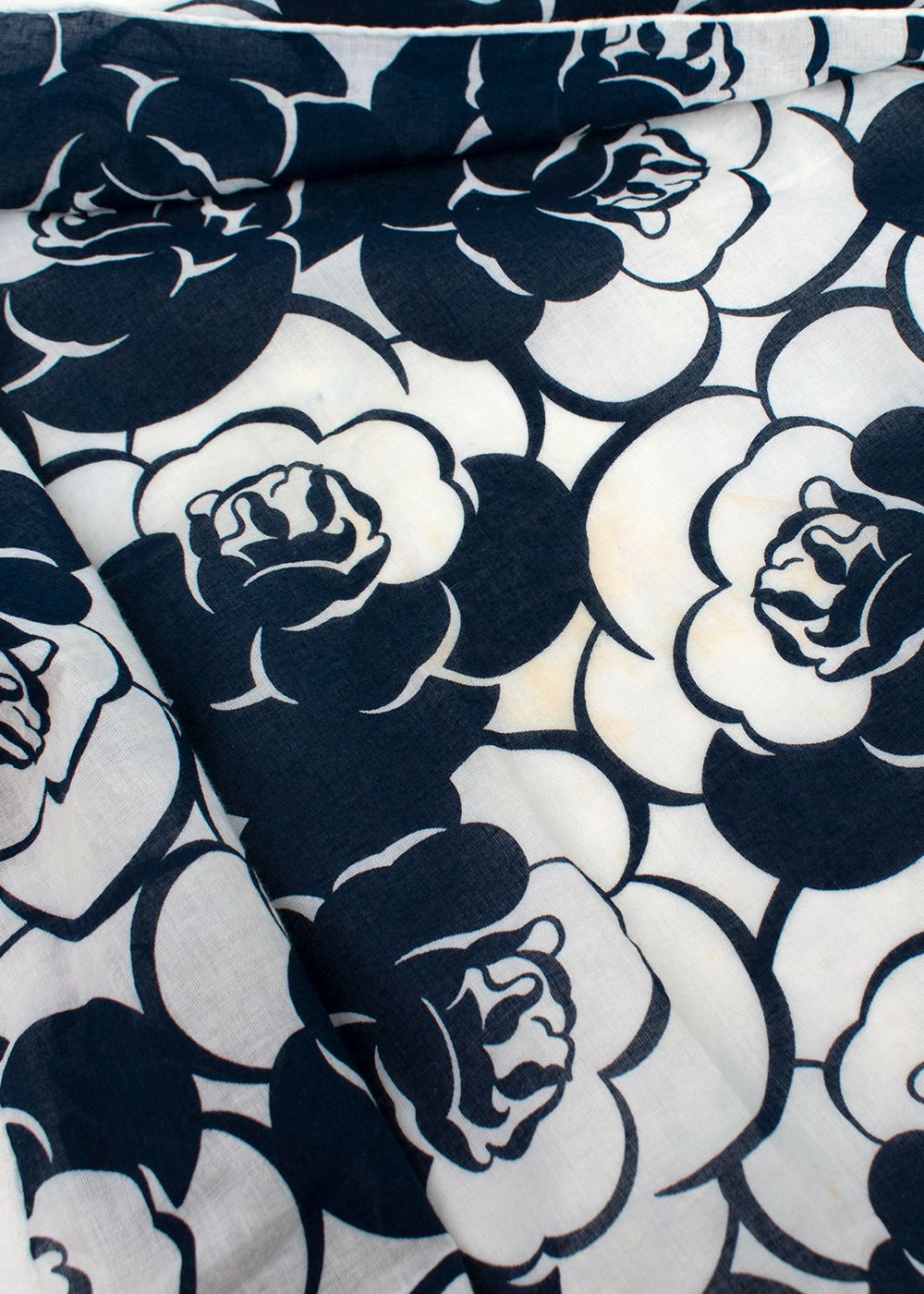 Chanel Navy and White Camelia Print Scarf 55x55 navy white cotton