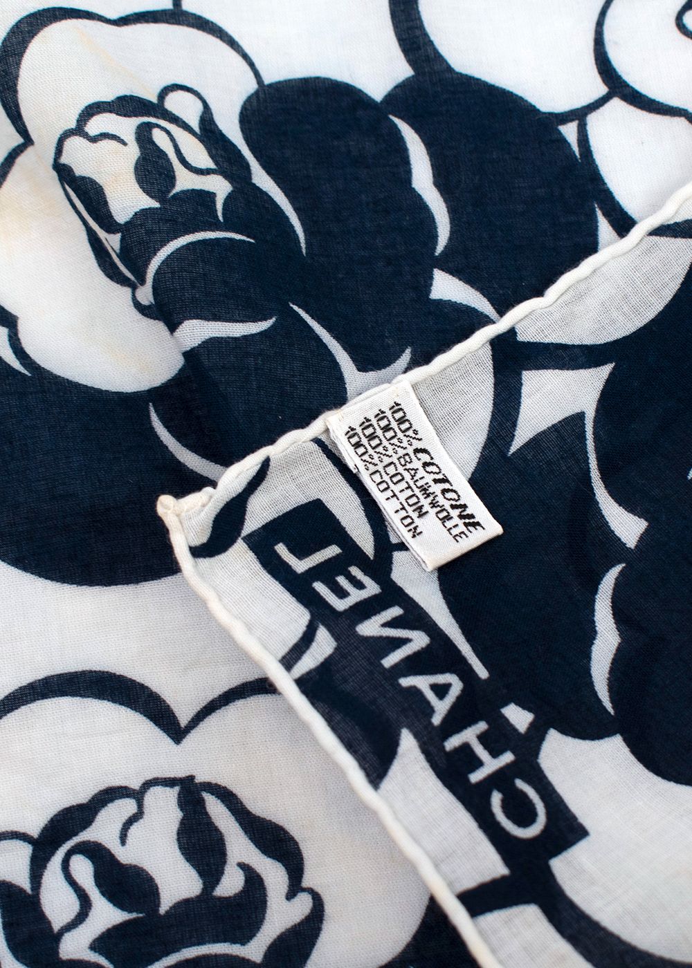 Chanel Navy and White Camelia Print Scarf 55x55 navy white cotton