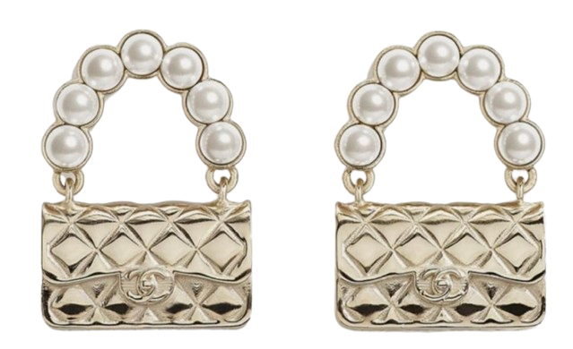 Chanel Champagne Gold Flap Bag Faux Pearl Earrings gold beige metal