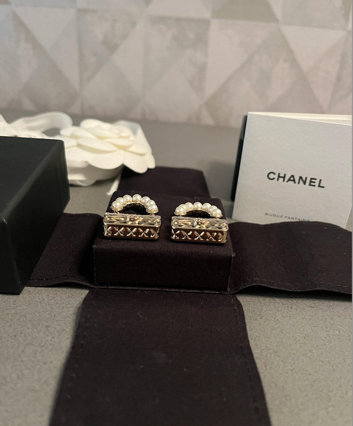 Chanel Champagne Gold Flap Bag Faux Pearl Earrings gold beige metal