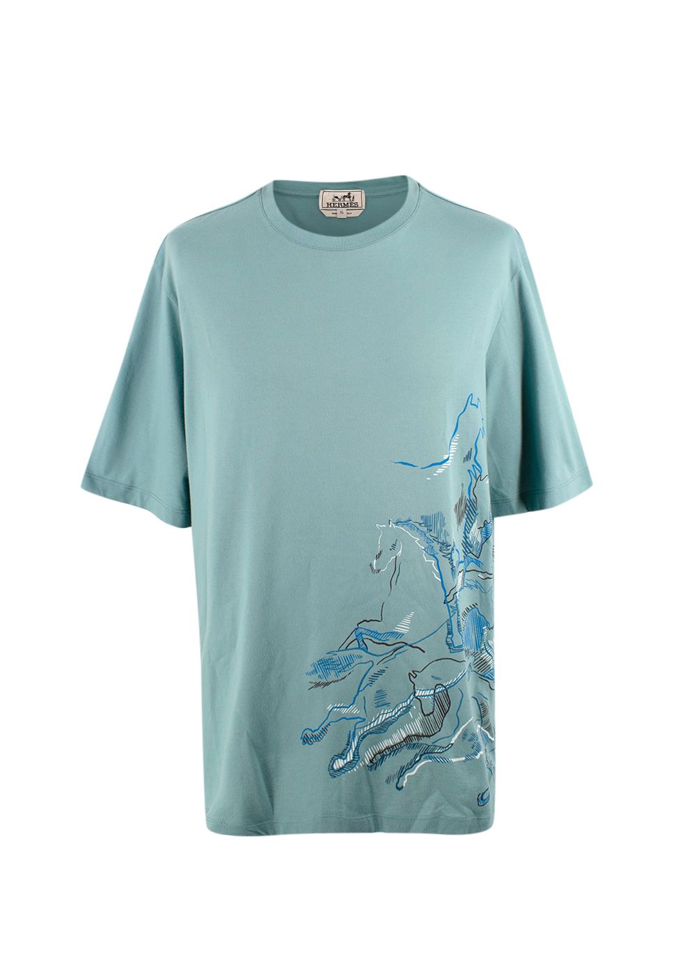 Men's Hermes Teal Horse Print T-Shirt Size XL cotton