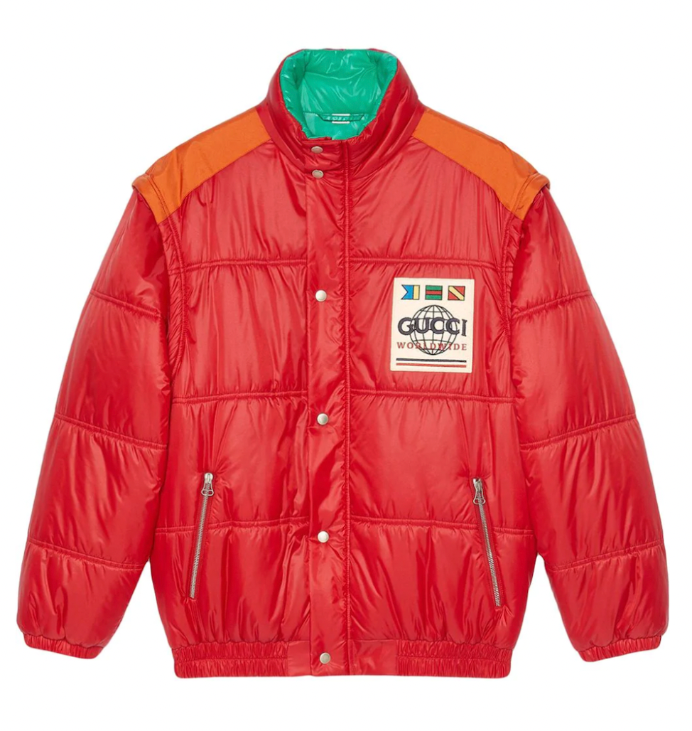 Men's Preowned Gucci Red Worldwide Logo Detachable Sleeve Puffer Jacket Size XL Red green polyamide