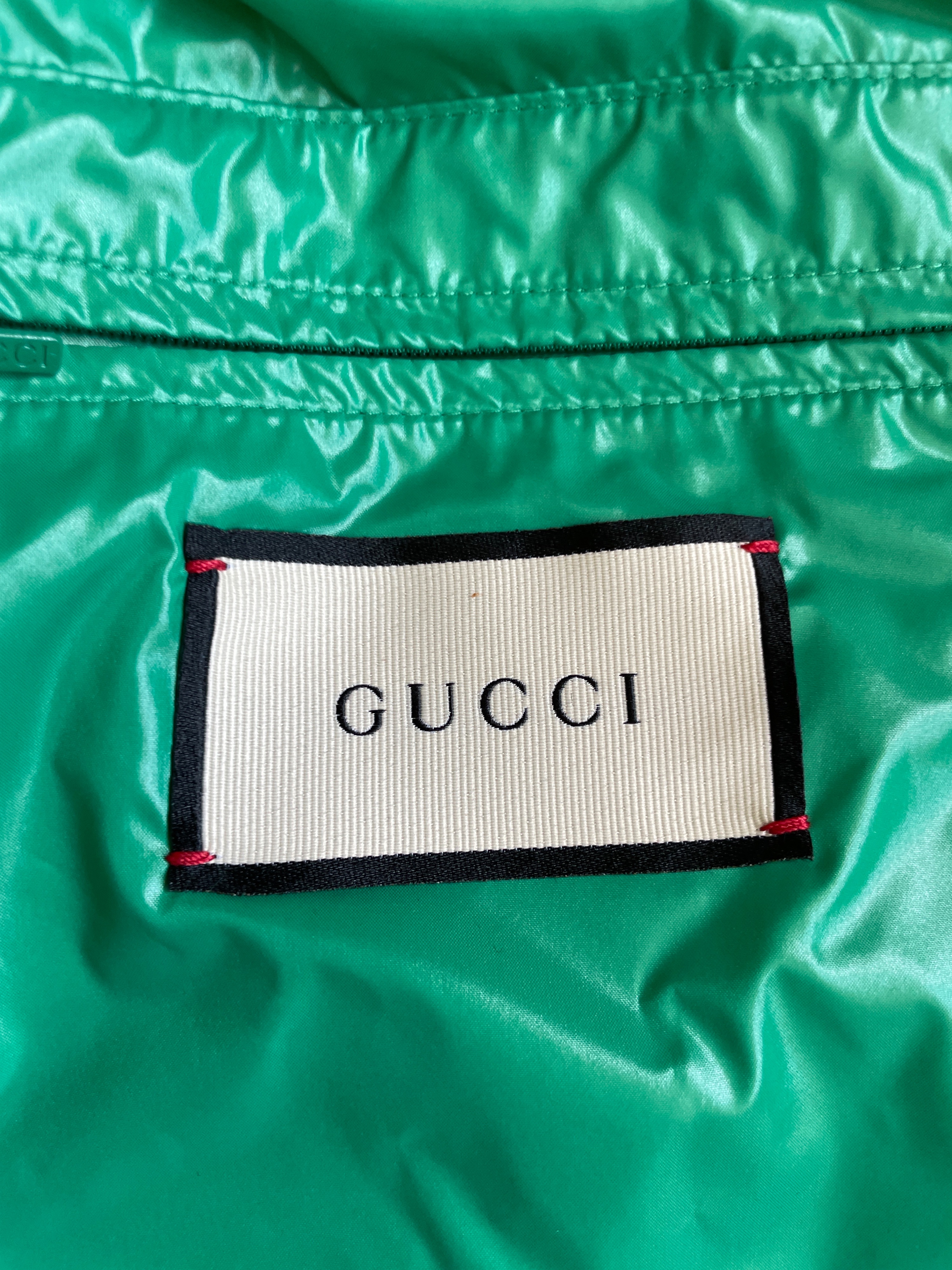 Men's Preowned Gucci Red Worldwide Logo Detachable Sleeve Puffer Jacket Size XL Red green polyamide