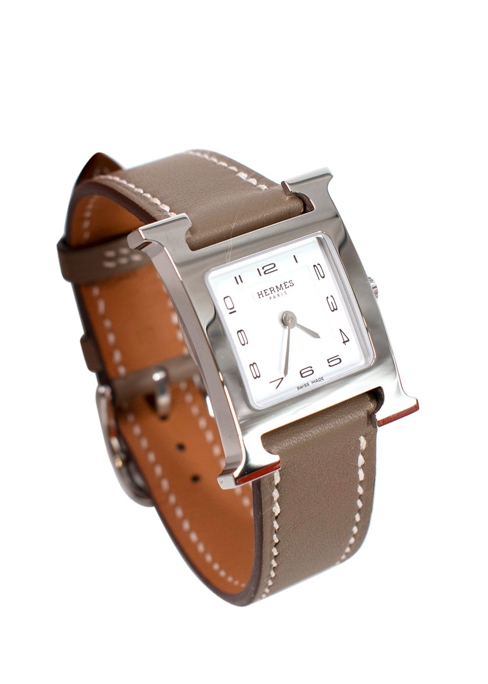 Hermes Small Heure H Watch in Etoupe with Palladium Hardware taupe steel