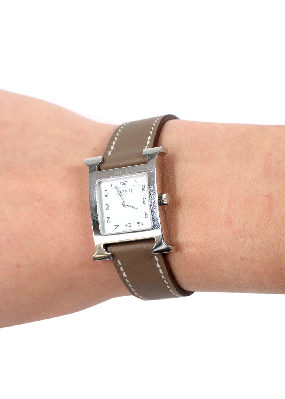 Hermes Small Heure H Watch in Etoupe with Palladium Hardware taupe steel