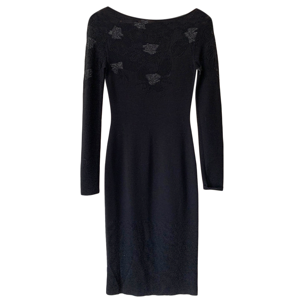 Preowned Azzaro Floral Woven Panelled Fitted Dress Size S Black wool