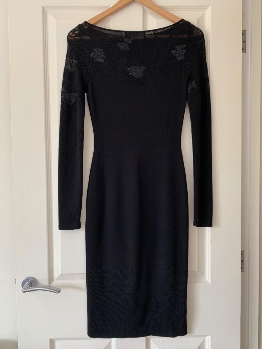 Preowned Azzaro Floral Woven Panelled Fitted Dress Size S Black wool