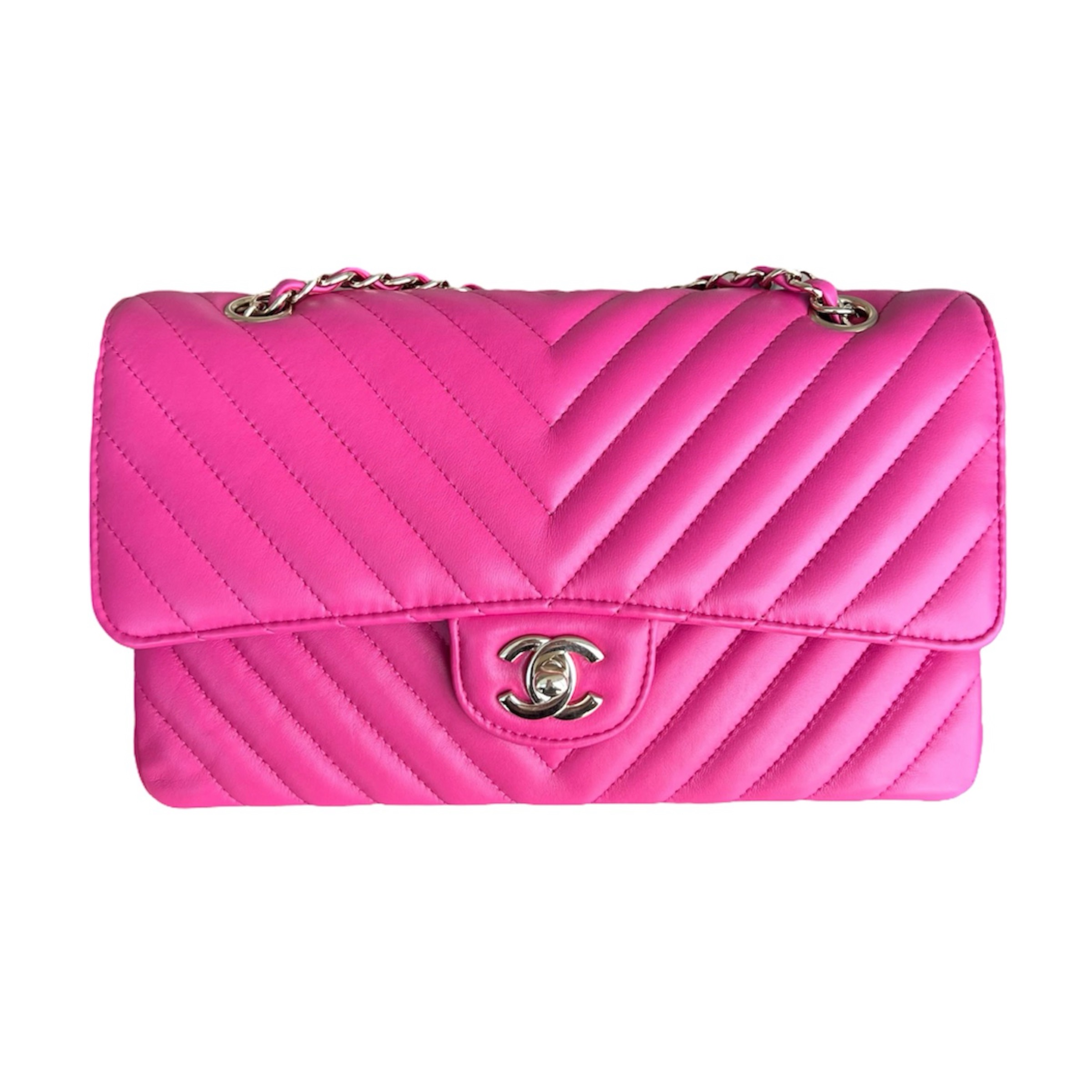 Preowned Chanel Pink Chevron Medium Double Flap Bag leather