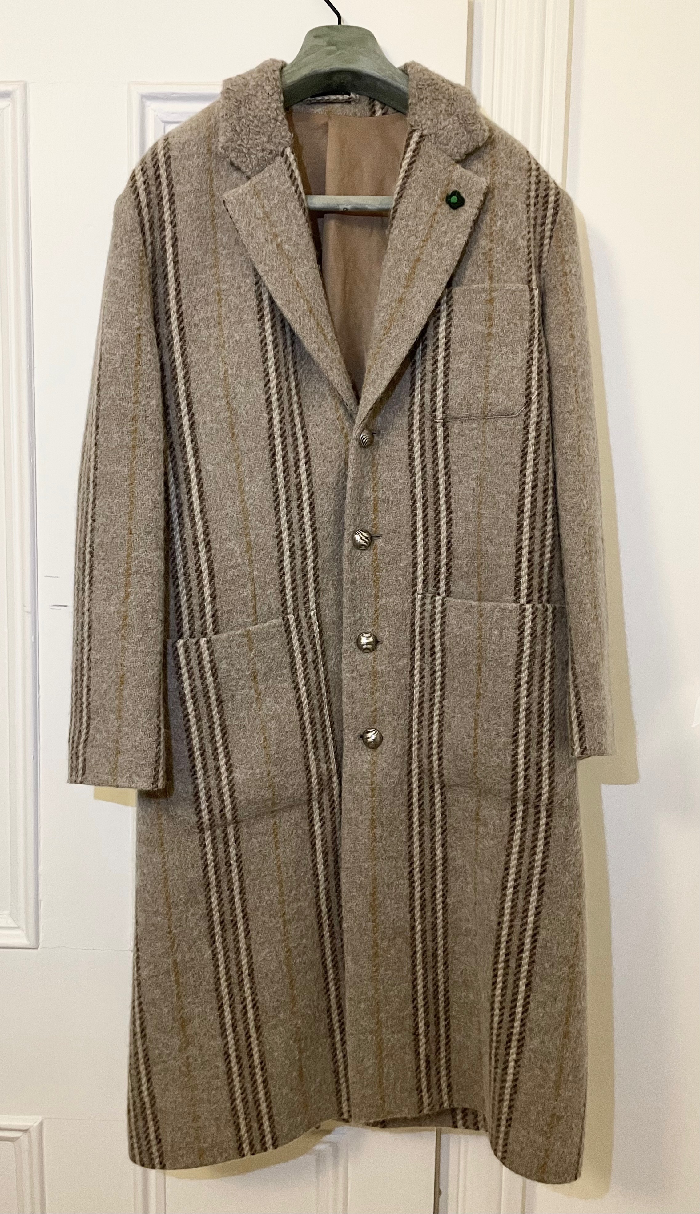 Men's Preowned Lardini Beige Striped Wool Long Coat Size S