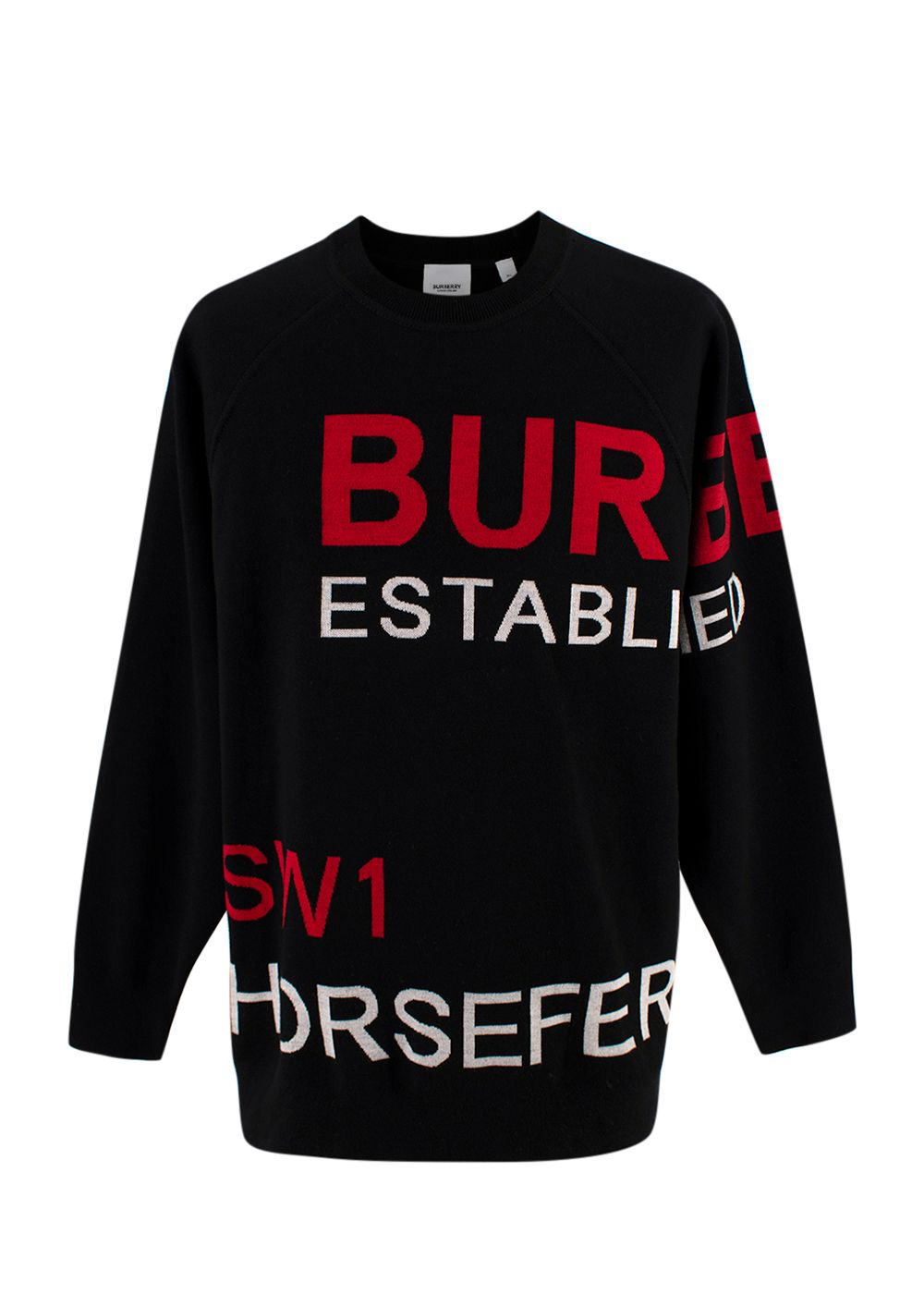 Burberry Horseferry Intarsia Raglan-Sleeve Wool Jumper Size XL black red white