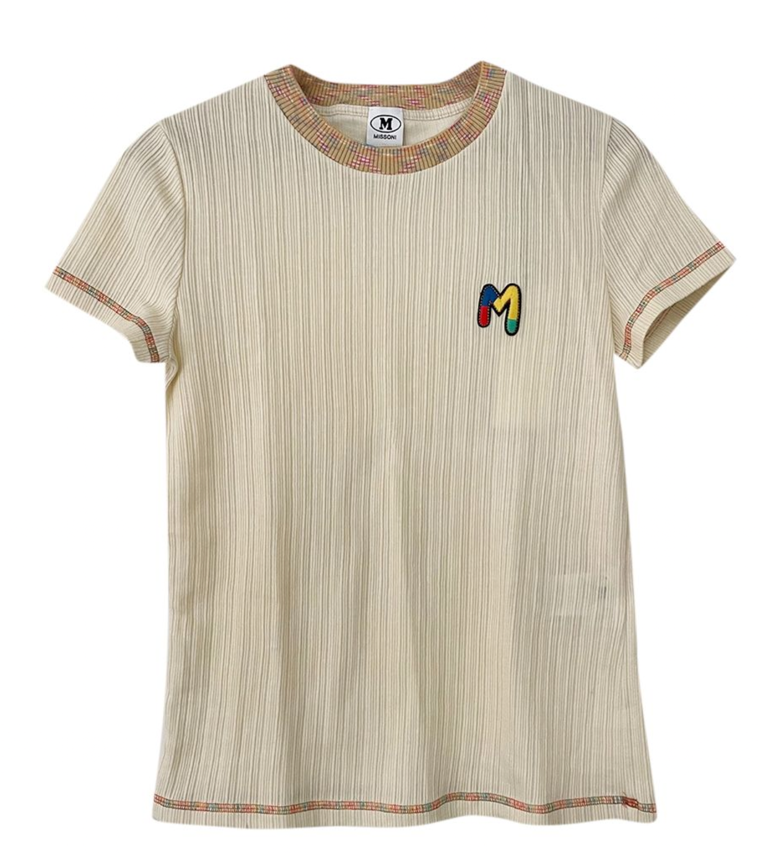 M Missoni Ribbed T-Shirt Size L Beige with colorful details cotton