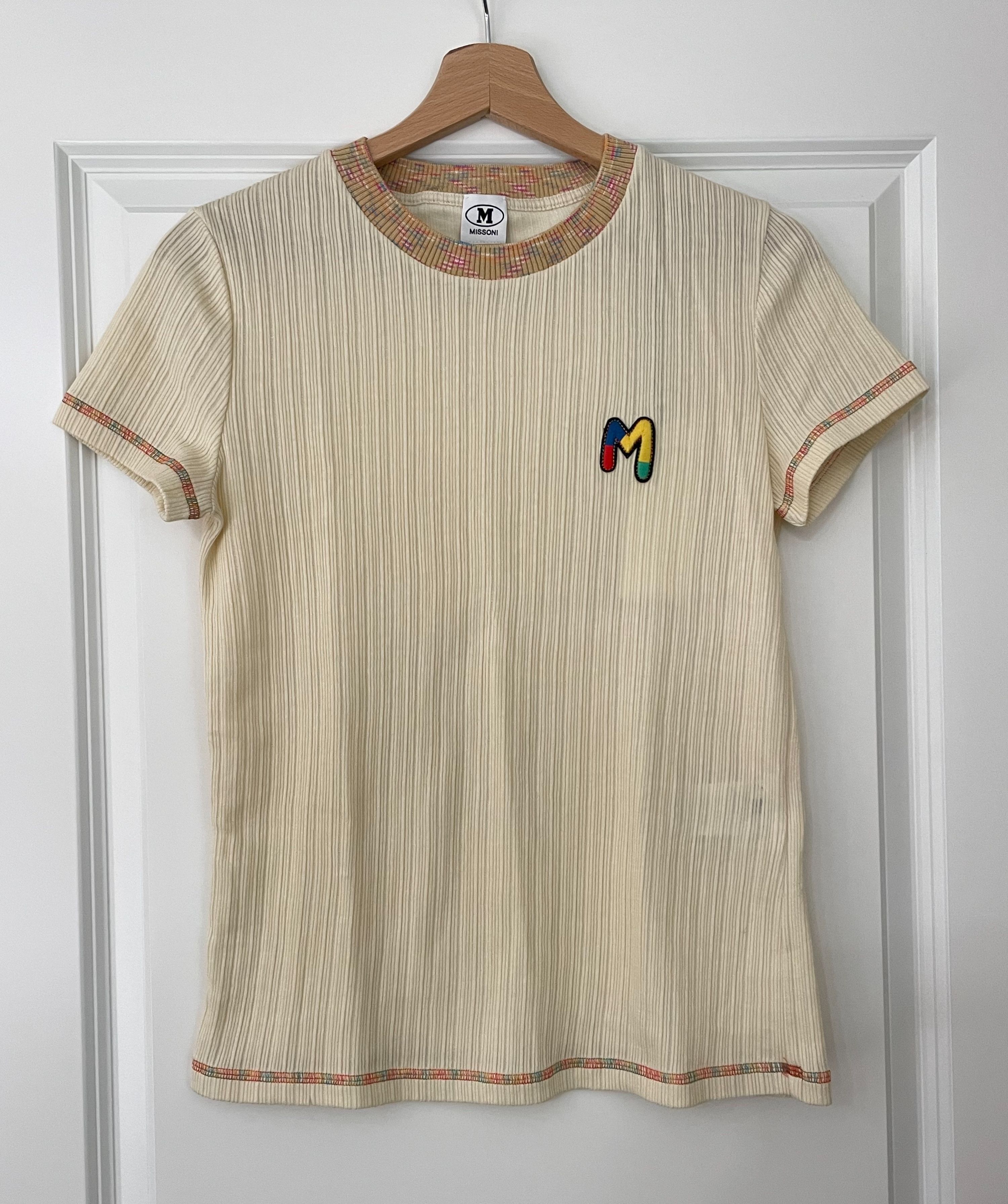 M Missoni Ribbed T-Shirt Size L Beige with colorful details cotton