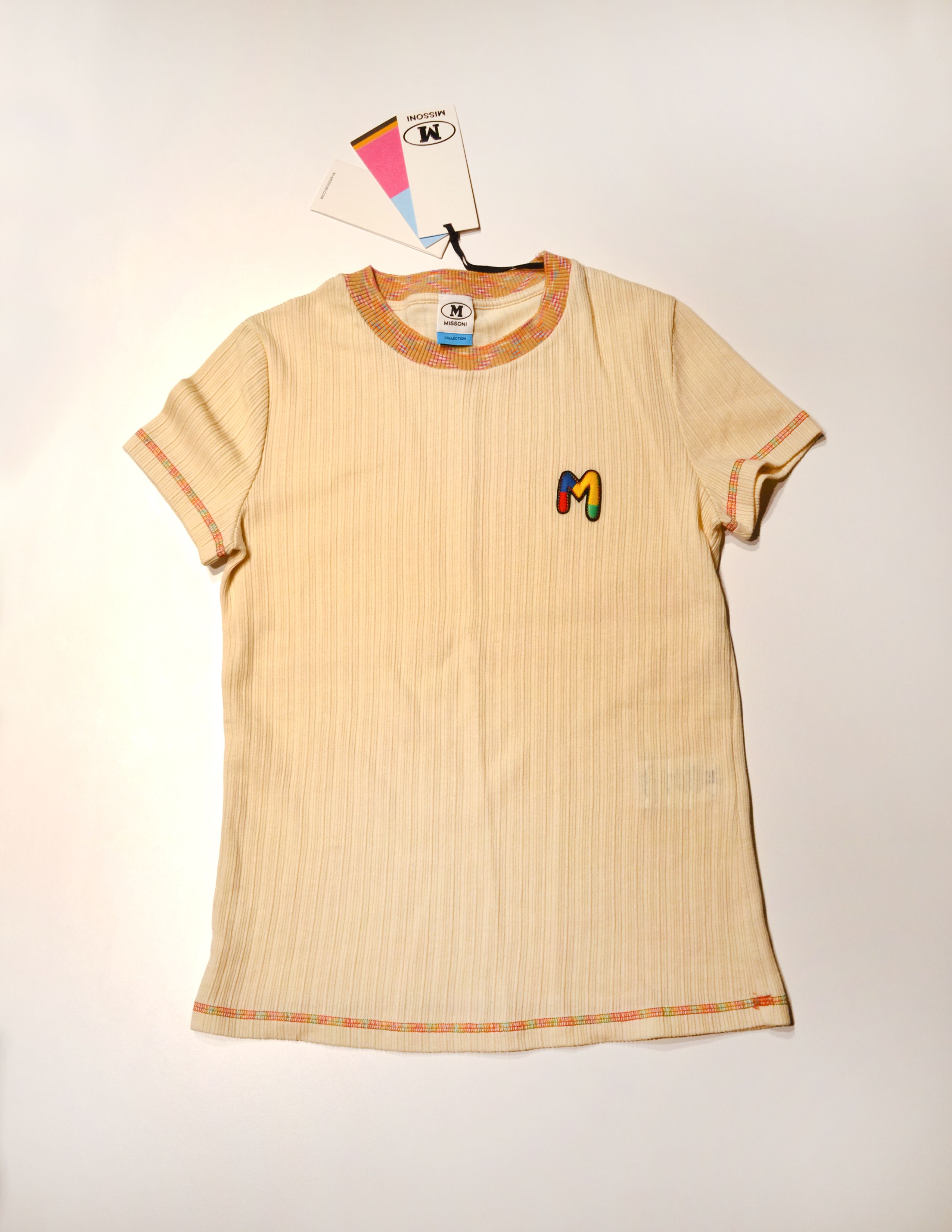 M Missoni Ribbed T-Shirt Size L Beige with colorful details cotton