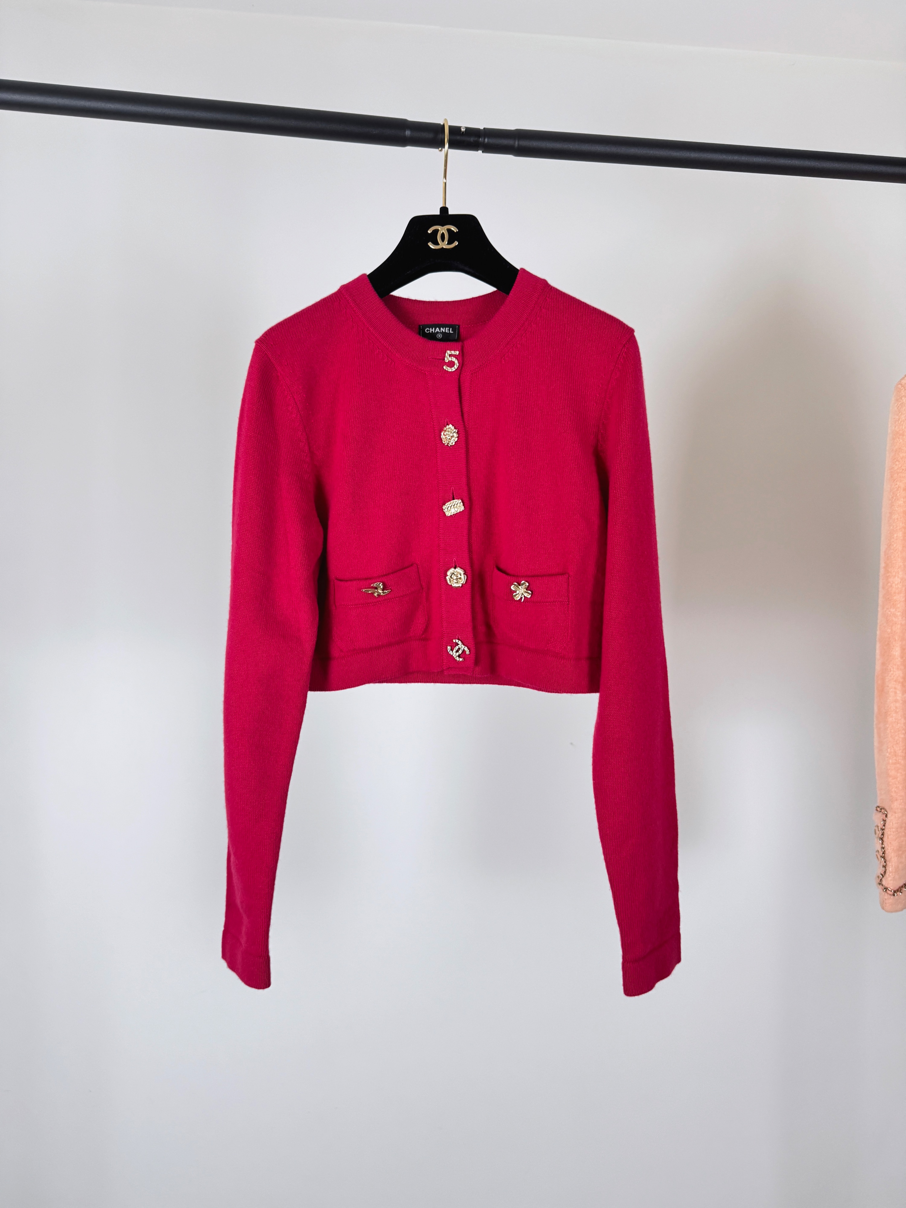 Chanel Red Cashmere Lucky Charms Cardigan Size S warm fuchsia