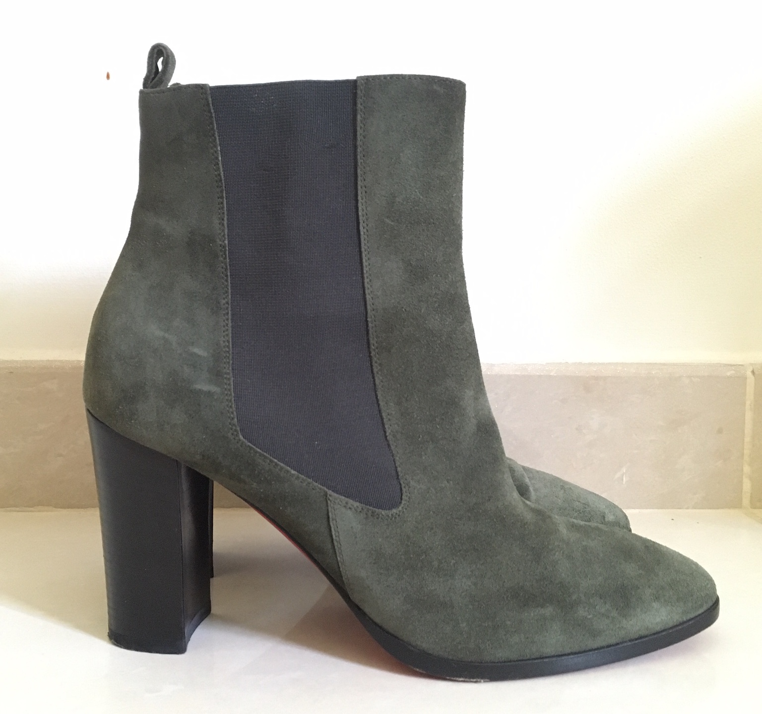 Preowned Christian Louboutin olive green suede heeled ankle boots Size 405