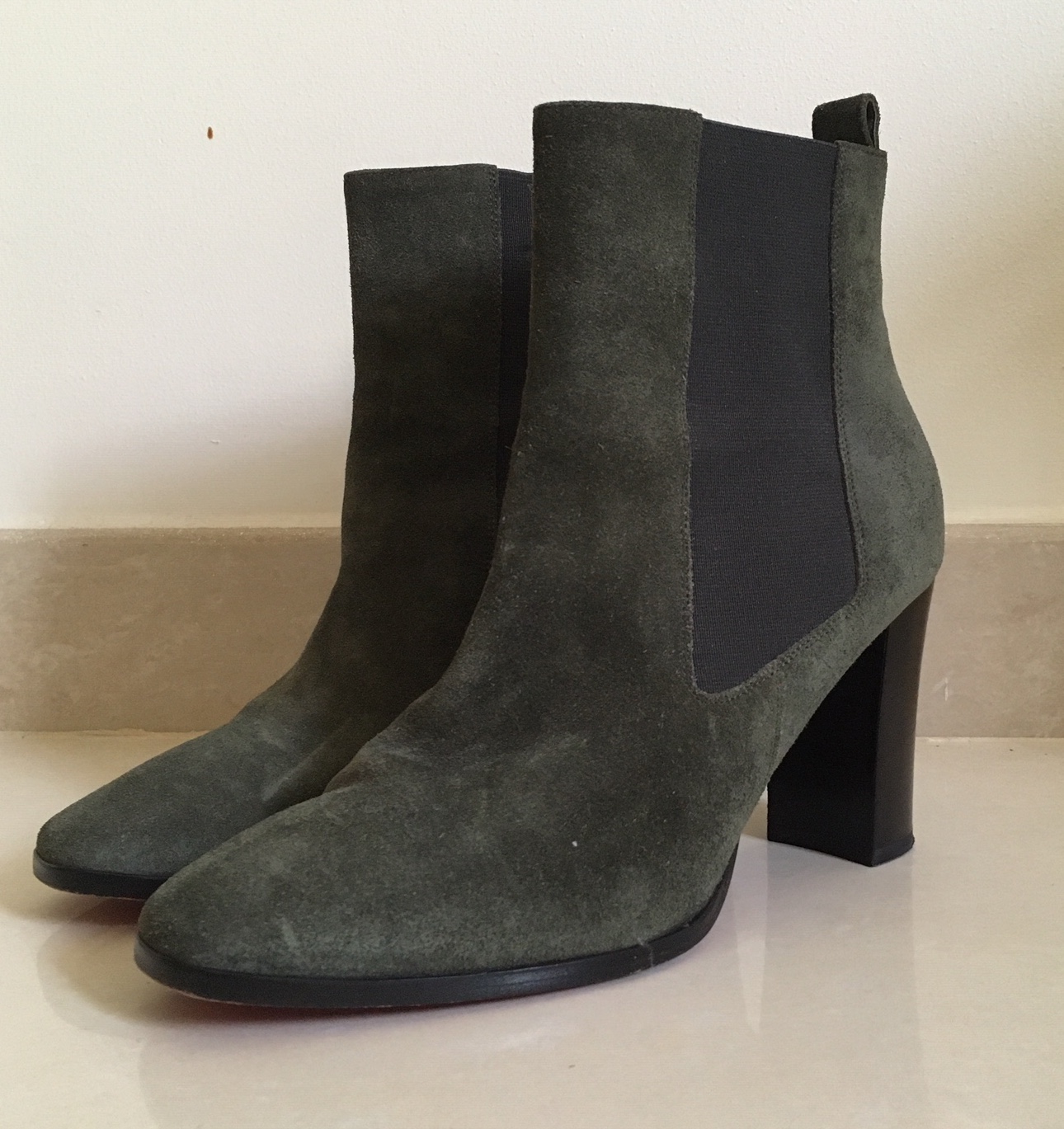 Preowned Christian Louboutin olive green suede heeled ankle boots Size 405