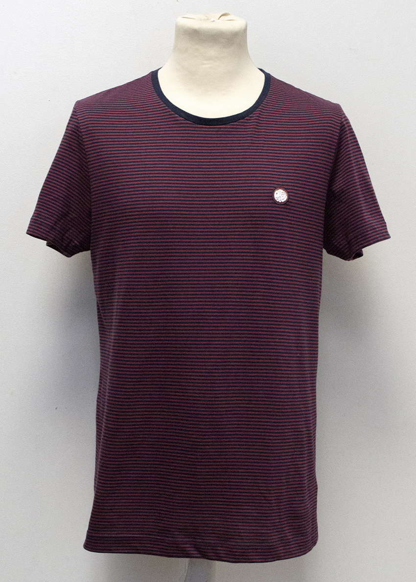 Men's Preowned Pretty Green Burgundy  Navy Striped Cotton T-shirt Size M Blue