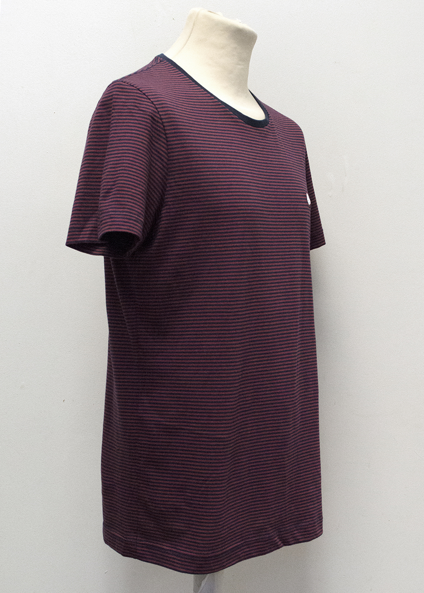 Men's Preowned Pretty Green Burgundy  Navy Striped Cotton T-shirt Size M Blue