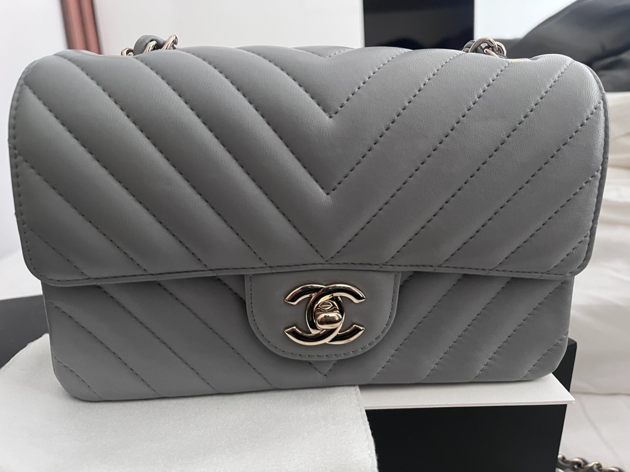 Chanel Chevron Grey Lambskin Mini Rectangular Size XS Light Grey leather