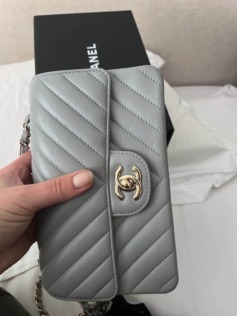 Chanel Chevron Grey Lambskin Mini Rectangular Size XS Light Grey leather