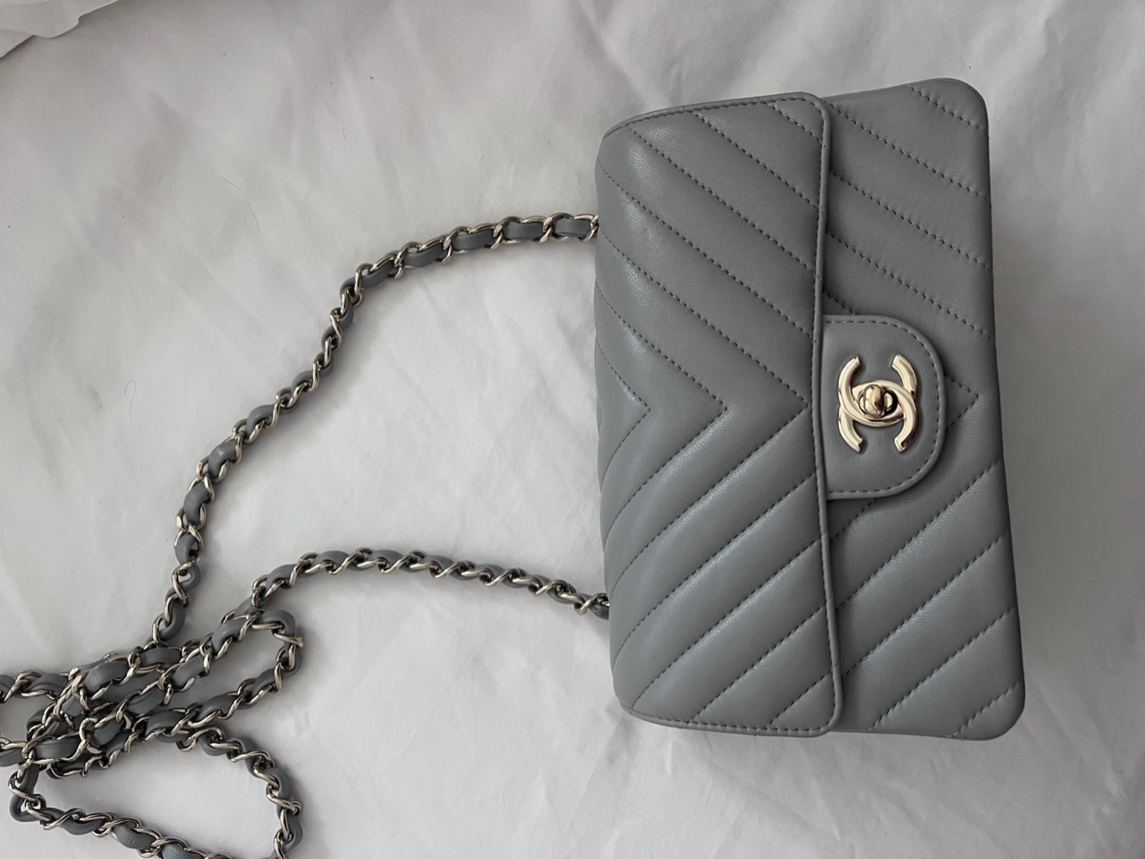 Chanel Chevron Grey Lambskin Mini Rectangular Size XS Light Grey leather