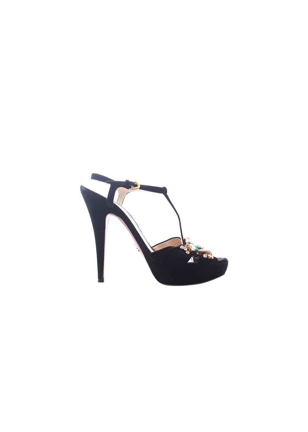 Preowned Prada Black suede crystal embellished peep toe heeled sandals Size 39 leather