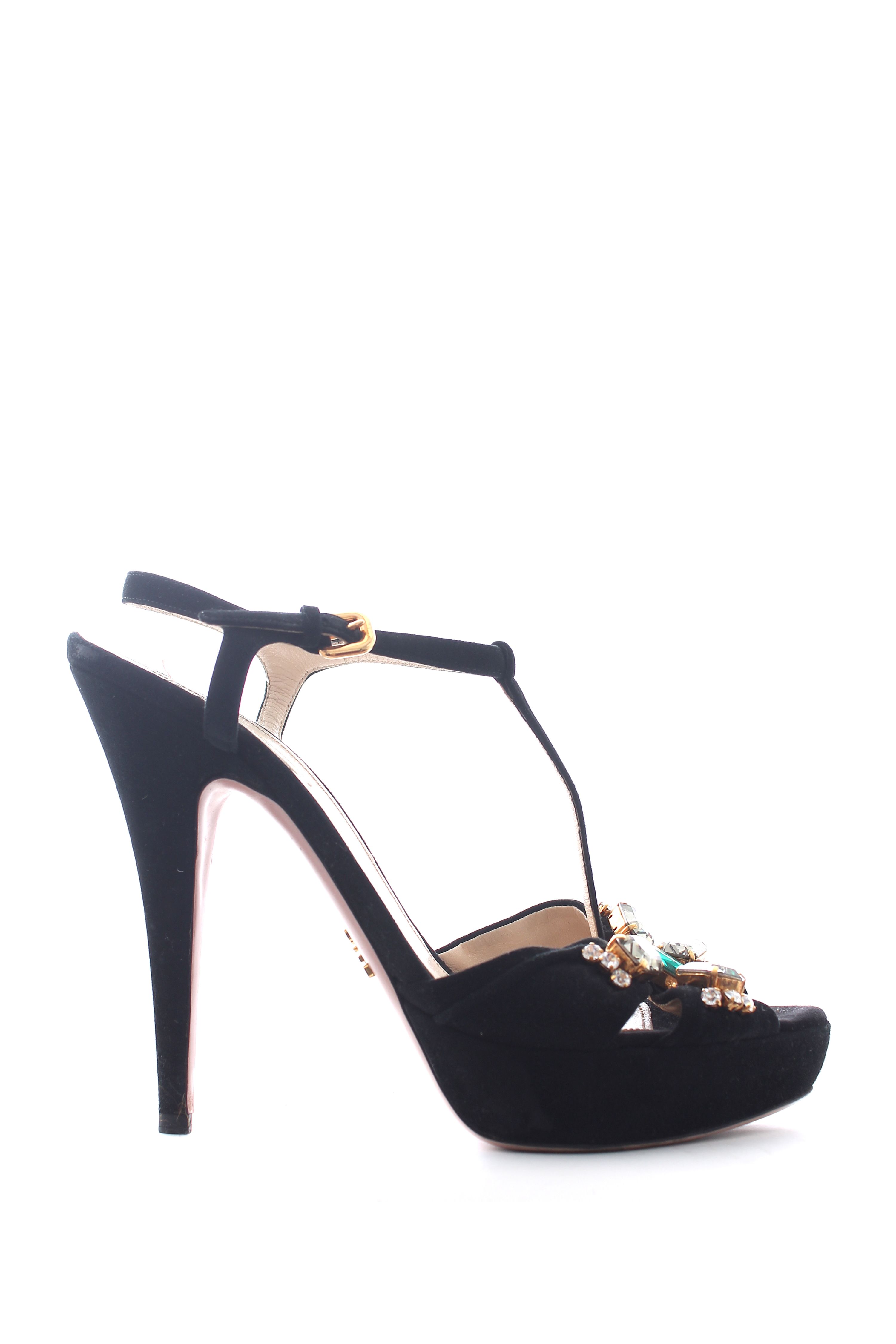 Preowned Prada Black suede crystal embellished peep toe heeled sandals Size 39 leather