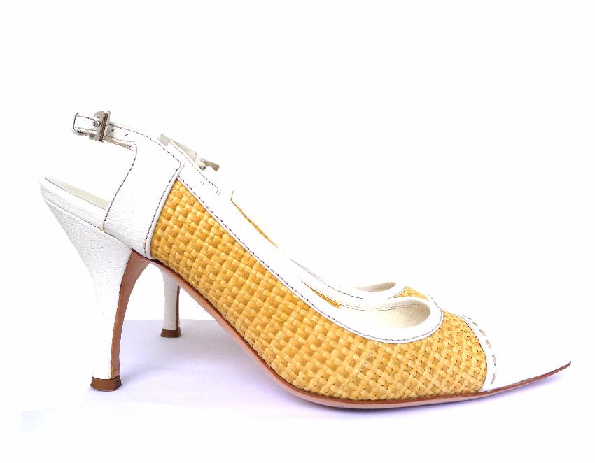 Preowned Prada Leather Raffia Slingback Heels Size 365 Beige/Nude