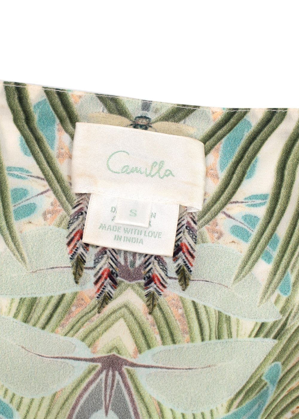 Camilla Floral Print Crystal Embellished Frilled Silk Dress Size S ivory green cream blue