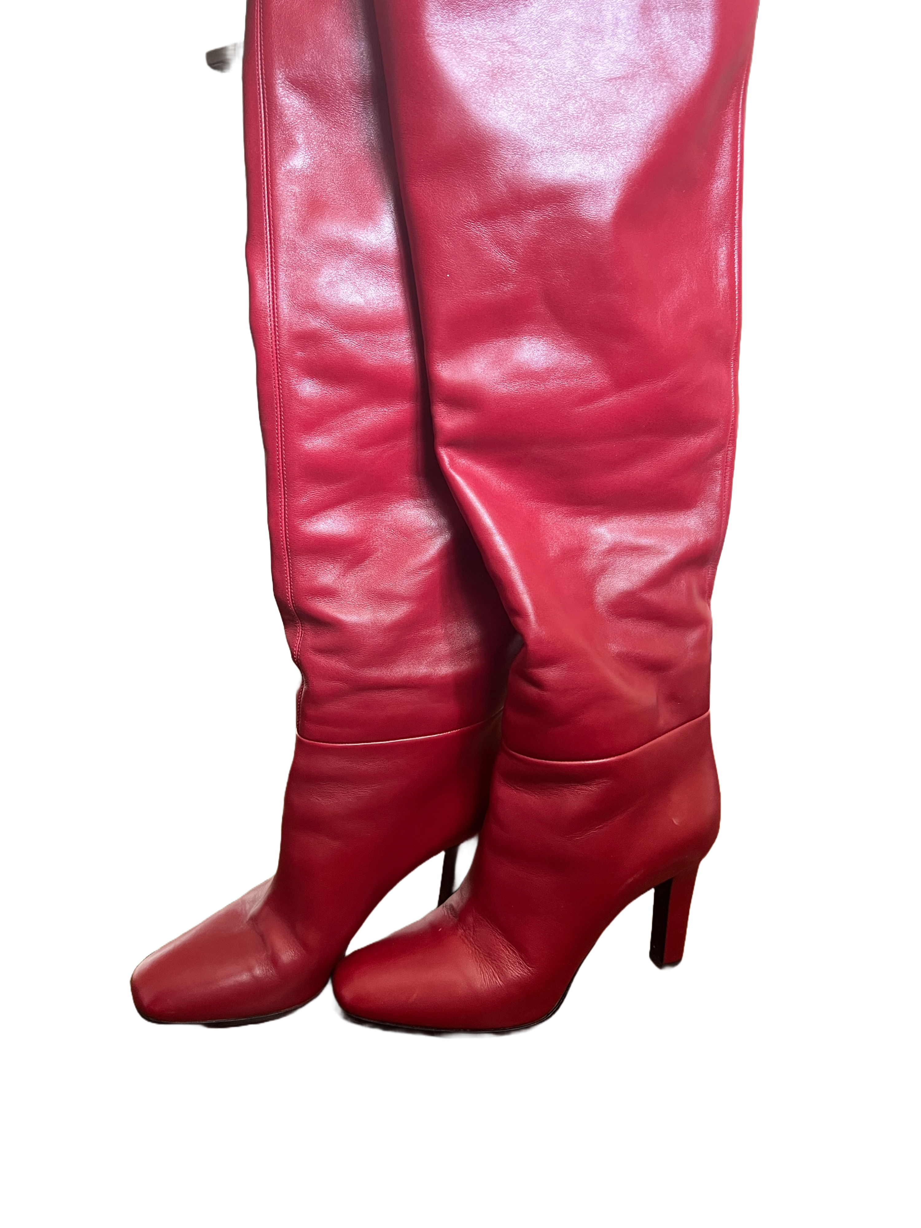 Preowned Saint Laurent Red Leather Knee High Boots Size 37 Dark red