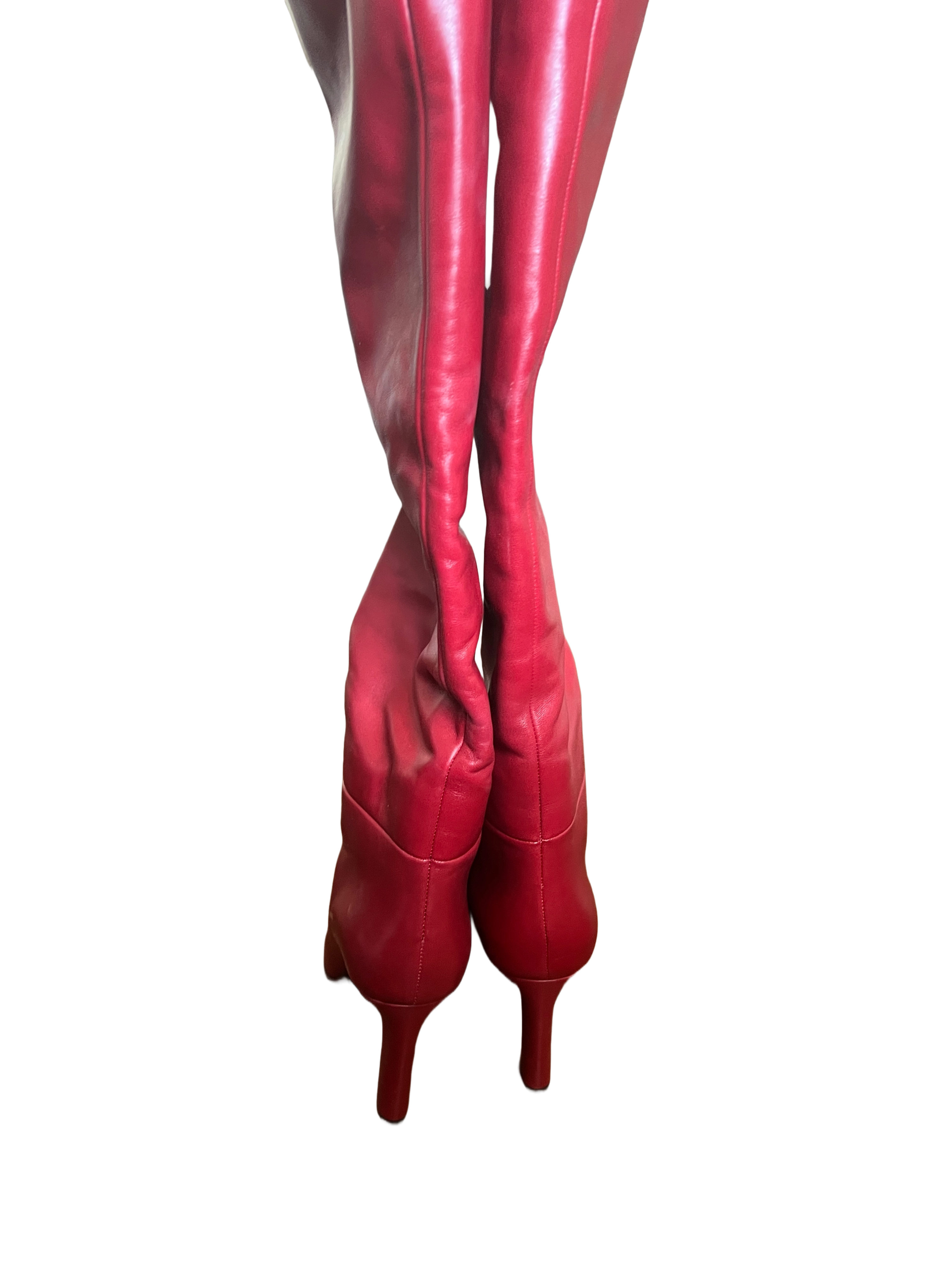 Preowned Saint Laurent Red Leather Knee High Boots Size 37 Dark red