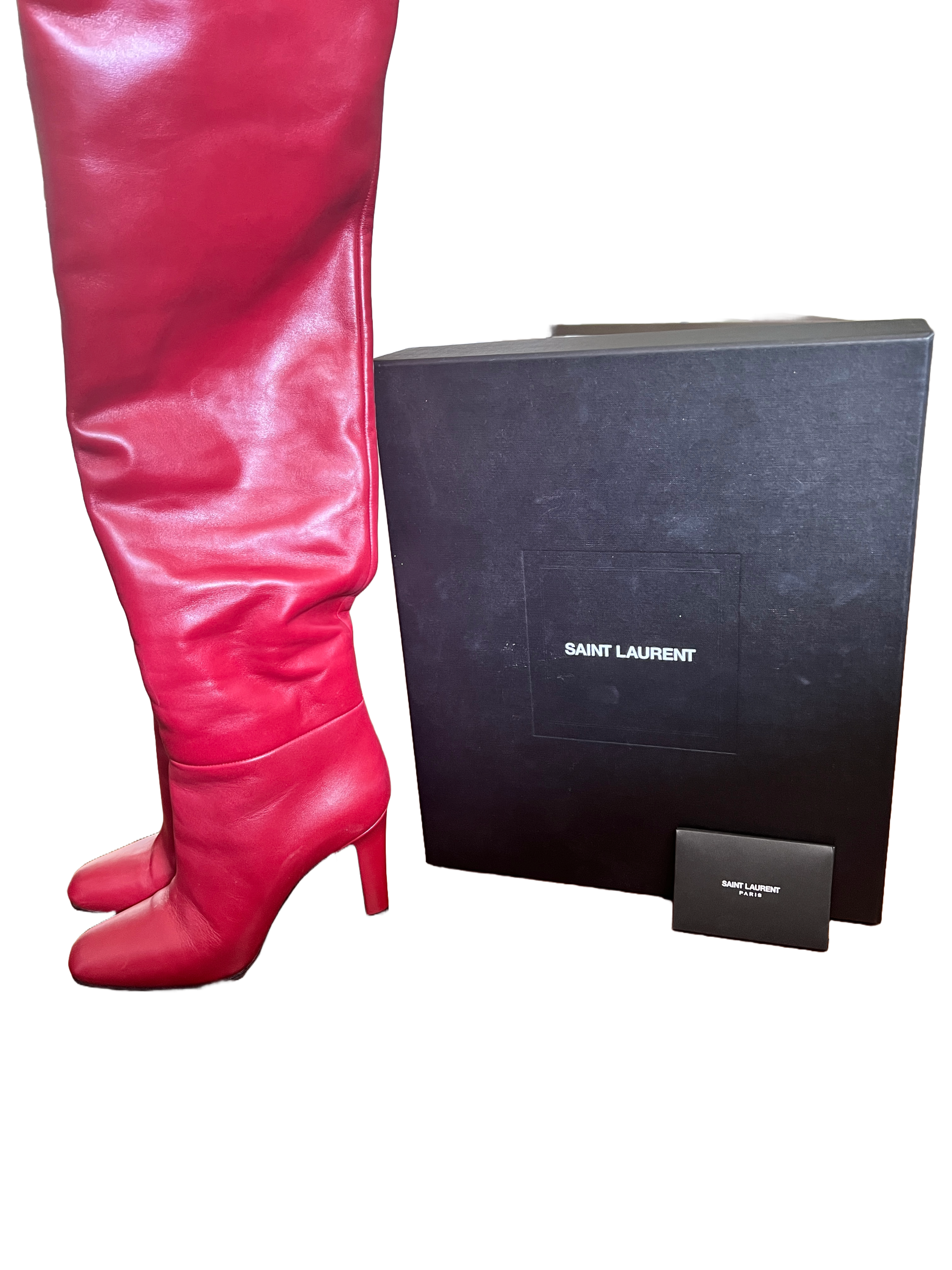 Preowned Saint Laurent Red Leather Knee High Boots Size 37 Dark red