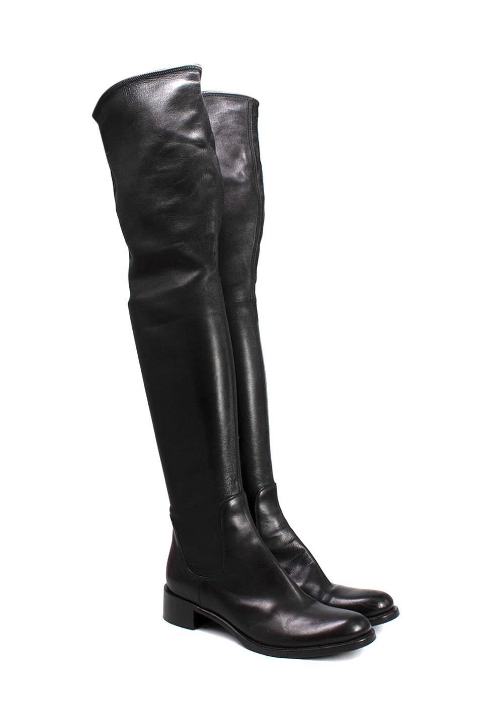 Preowned Prada Over-the-Knee Black Stretch Leather Boots Size 365