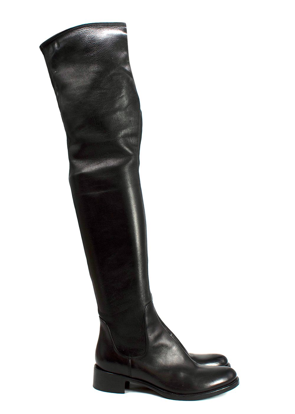 Preowned Prada Over-the-Knee Black Stretch Leather Boots Size 365