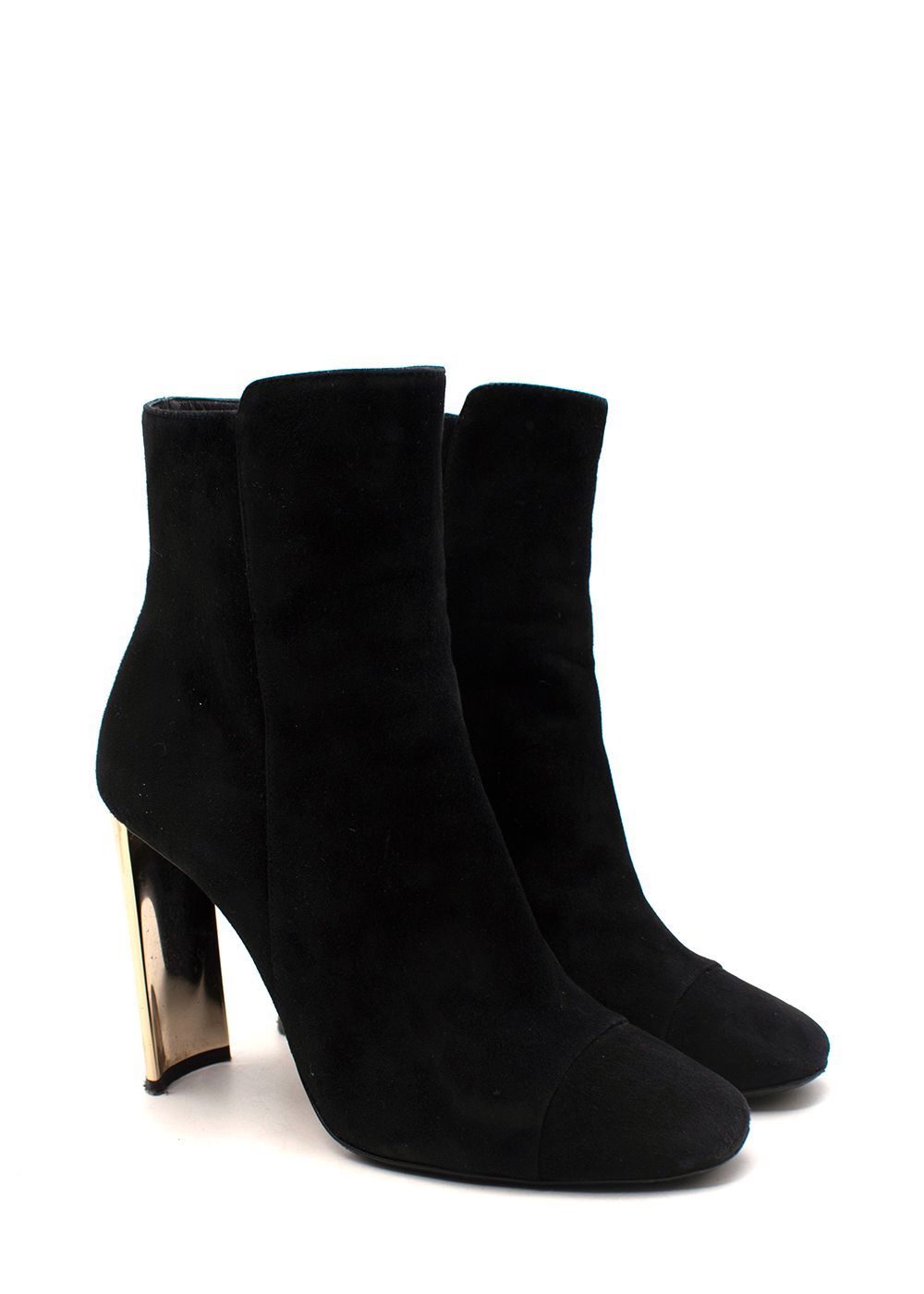 Preowned Giuseppe Zanotti Black Suede Gold-Tone Metal Block Heeled Boots Size 375 leather