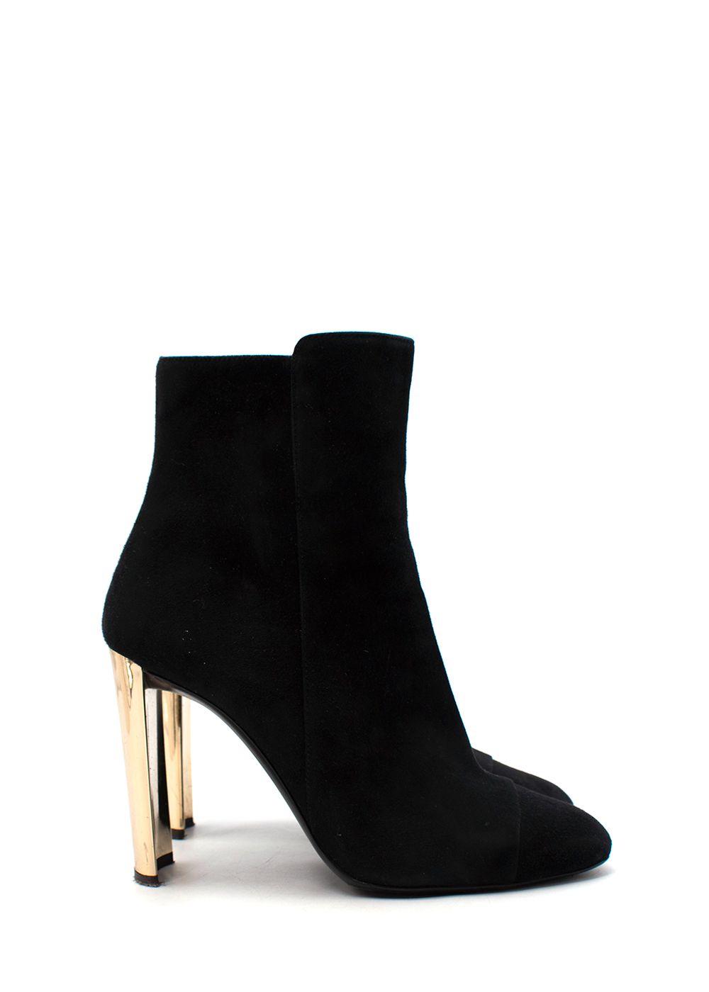 Preowned Giuseppe Zanotti Black Suede Gold-Tone Metal Block Heeled Boots Size 375 leather