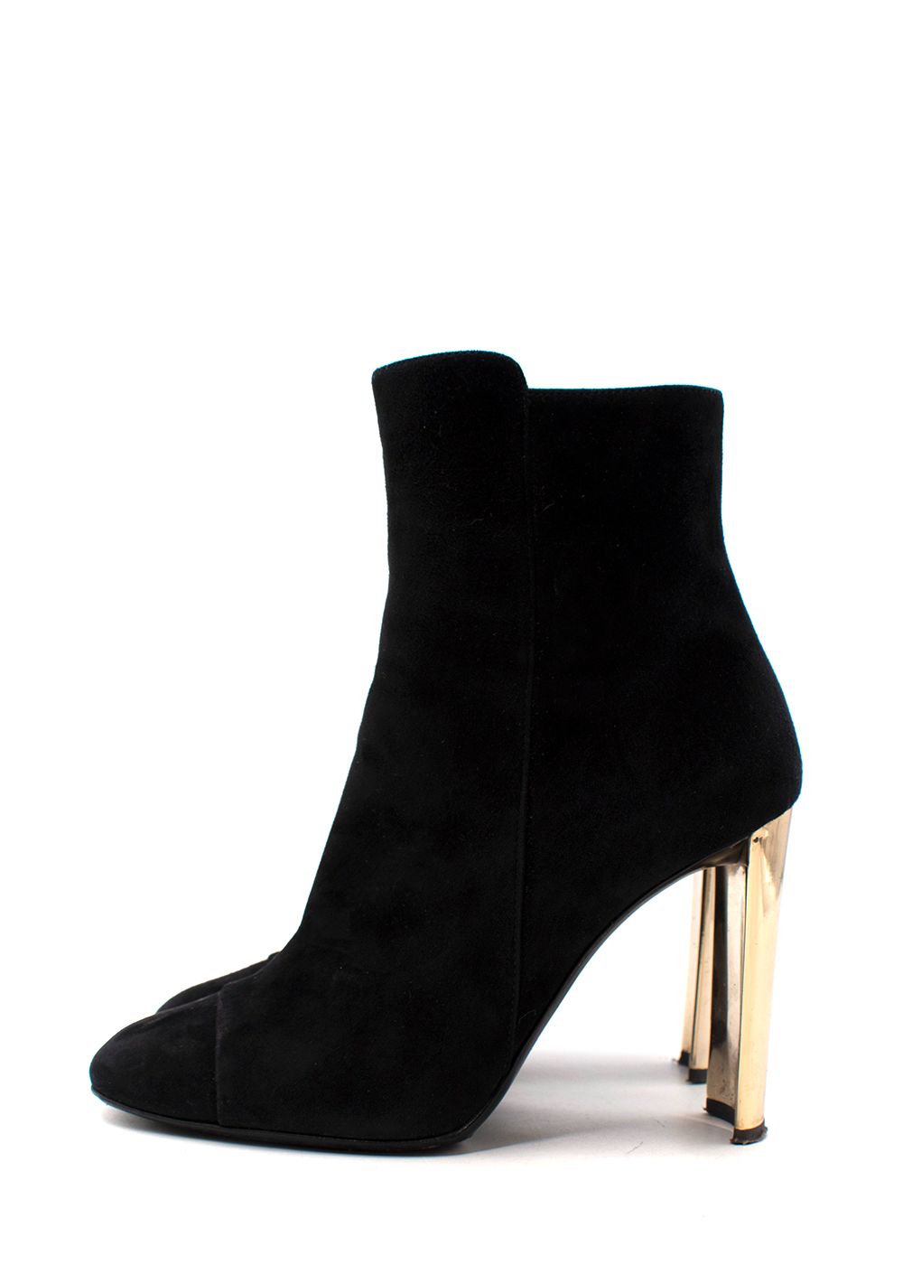 Preowned Giuseppe Zanotti Black Suede Gold-Tone Metal Block Heeled Boots Size 375 leather