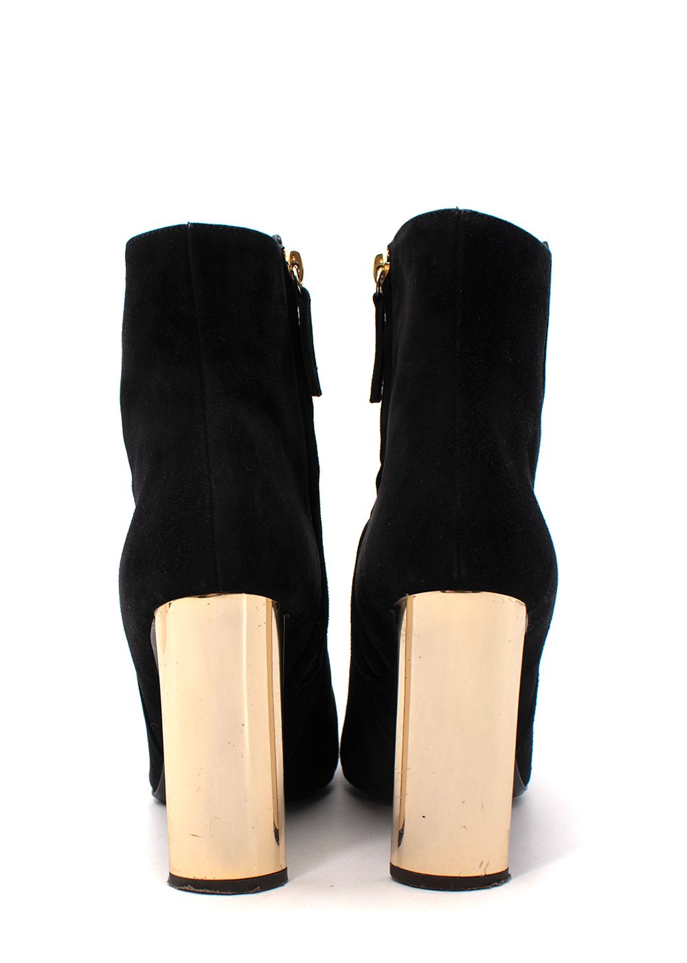 Preowned Giuseppe Zanotti Black Suede Gold-Tone Metal Block Heeled Boots Size 375 leather