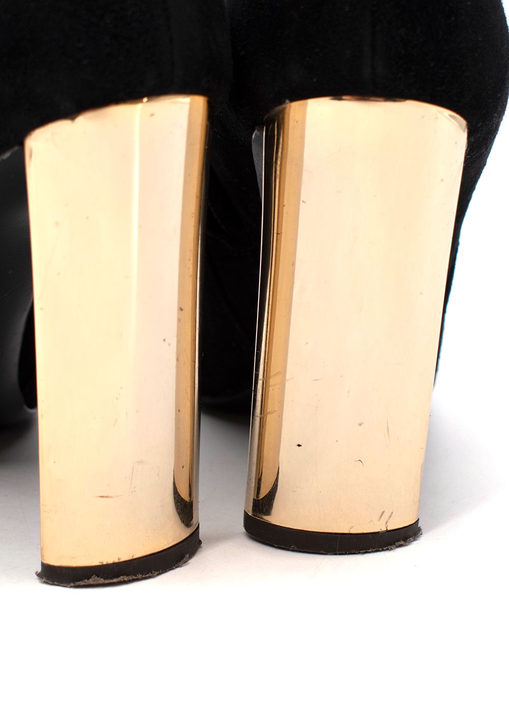 Preowned Giuseppe Zanotti Black Suede Gold-Tone Metal Block Heeled Boots Size 375 leather